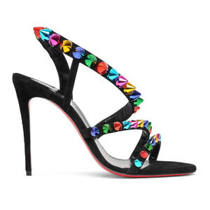 Christian Louboutin Spikita Strap 100 Black Suede Strappy Sandal Heel Pump 36